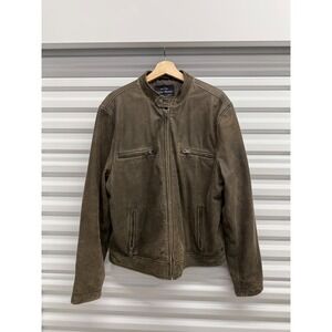 Lucky Brand Black Label Mens XL Distressed Leather Cafe Racer Jacket Brown Olive